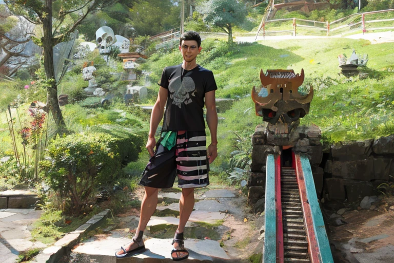 Guy in shorts, skull on a black T-shirt, Japanese garden.