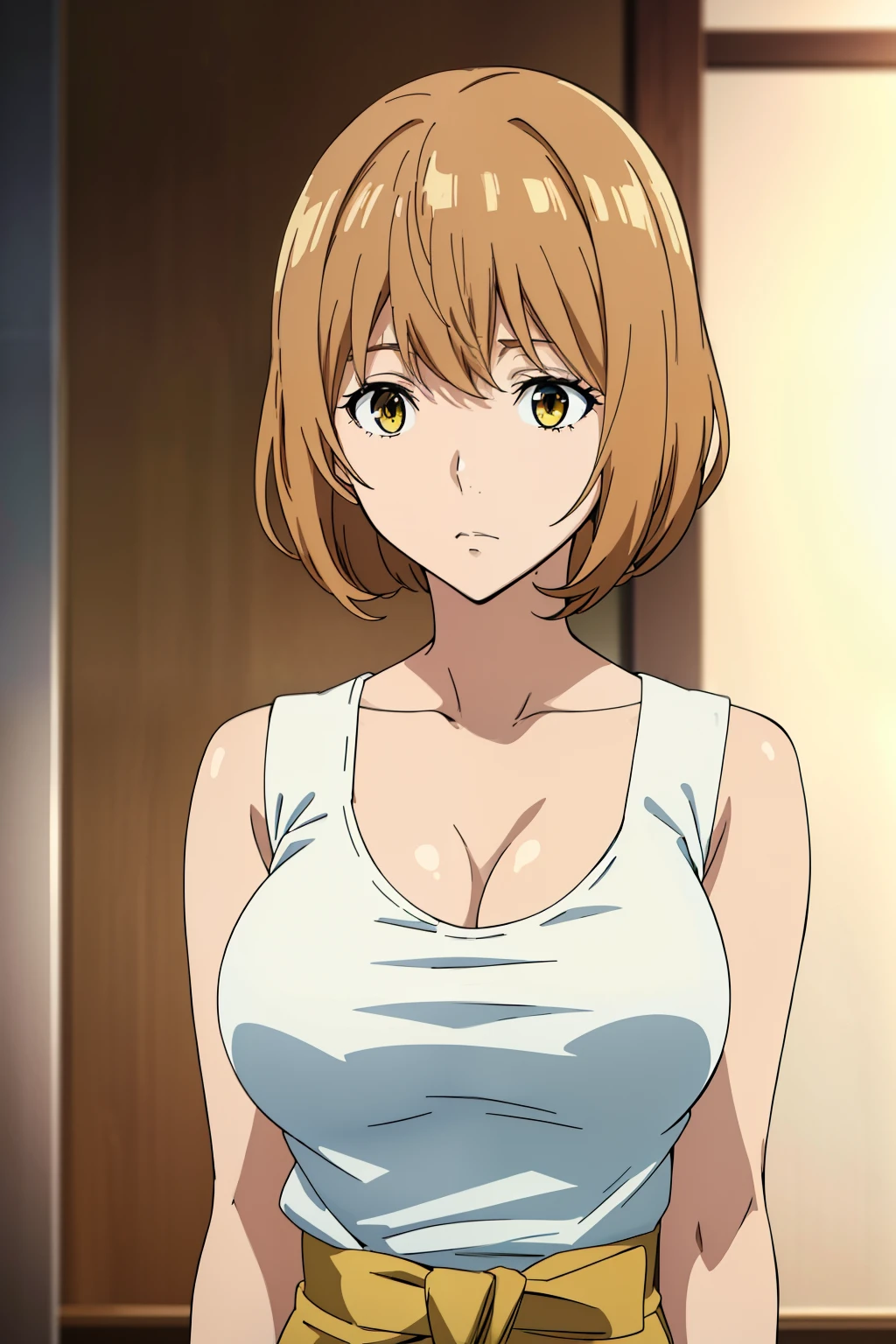 (Best Quality, masutepiece, High resolution, anime screen cap, anime colours), Brown hair, Yellow eyes, Yuriko Aoki, Embarrassed look:1.3, (large full breasts:1.5), (Thin fabric, white tank top:1.8, no-bra:1.5), Slimed, Lower your arms, squeezing breasts:1.5, Upper body, Bedrooms, (Perfect Anatomy, perfect detailed body, Eyes and hair in beautiful detail, Beautiful breasts and skin),