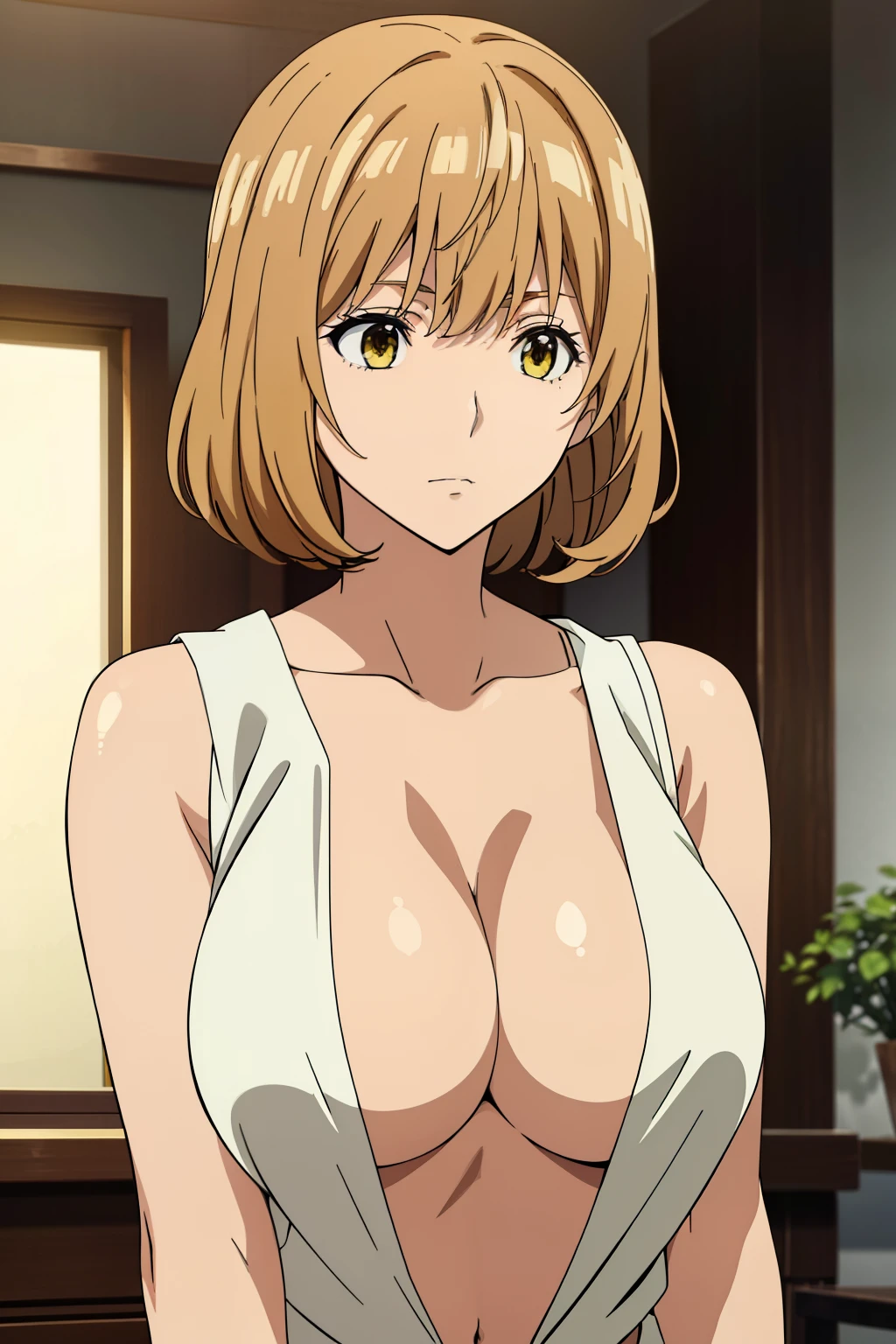 (Best Quality, masutepiece, High resolution, anime screen cap, anime colours), Brown hair, Yellow eyes, Yuriko Aoki, Embarrassed look:1.3, (large full breasts:1.5), (Thin fabric, white tank top:1.8, no-bra:1.5), Slimed, Lower your arms, squeezing breasts:1.5, Upper body, Bedrooms, (Perfect Anatomy, perfect detailed body, Eyes and hair in beautiful detail, Beautiful breasts and skin),