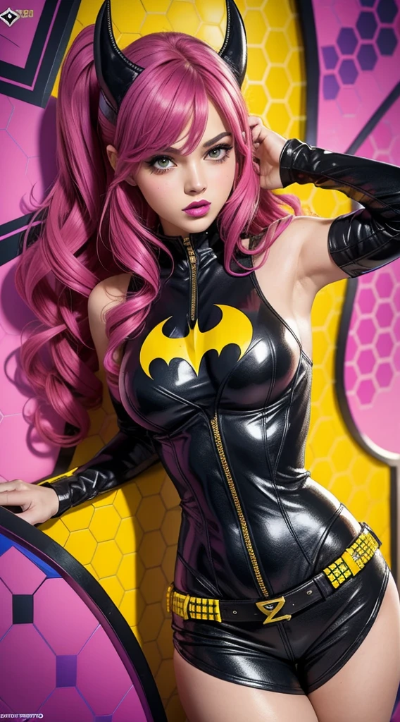 Batgirl tied up with rope by her wrists. Batgirl is hanging from an overhead rafter in an old building. The Joker is injecting a pink liquid into Batgirl's arm. Batgirls massive breasts strain against the black leather fabric of her bat-suit. massive breasts! Batgirl is crying. She has red hair