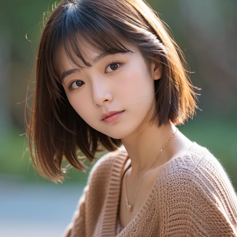 top-quality、8k、32k、masterpiece、UHD:1.2)、Photo of a 20 year old Japanese woman、large full breasts、very short bobbed hair、The upper part of the body、sface focus、oversized_sweater、a necklace、simple background、From above、looking at the viewers、
dick next to face