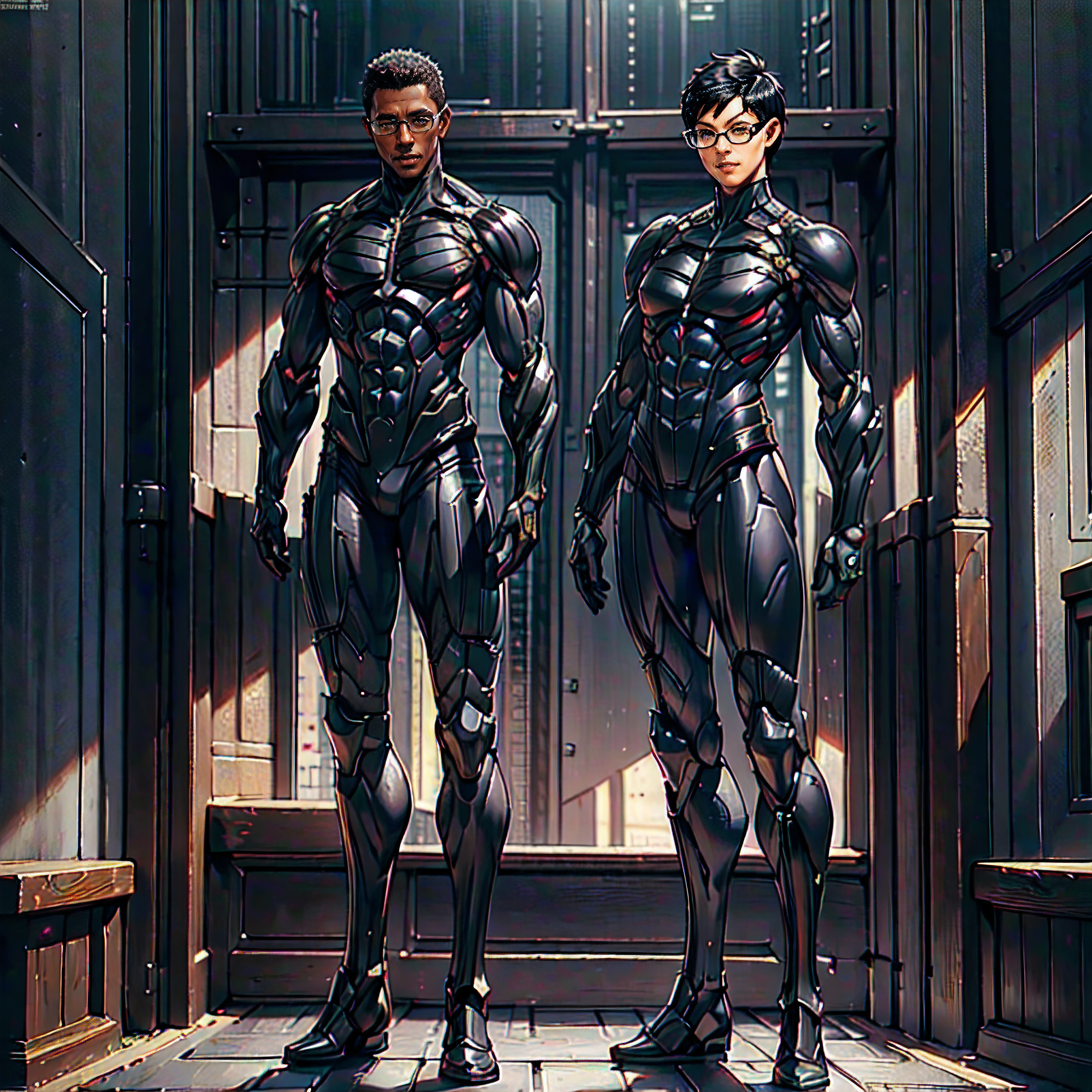 (ws1 Wesley Snipes , male), pose debout, ((corps entier)), ((Armure noire mate, )), (Masterpiece, Best quality), (detailed skin:1.3, Detailed face:1.3) DSLR,, ((Cheveux courts)), cheveux noirs), yeux bruns, High resolution, Ultra-pointu, 16k, Masterpiece, Three-sided View, lunettes, Plan large, sourire,