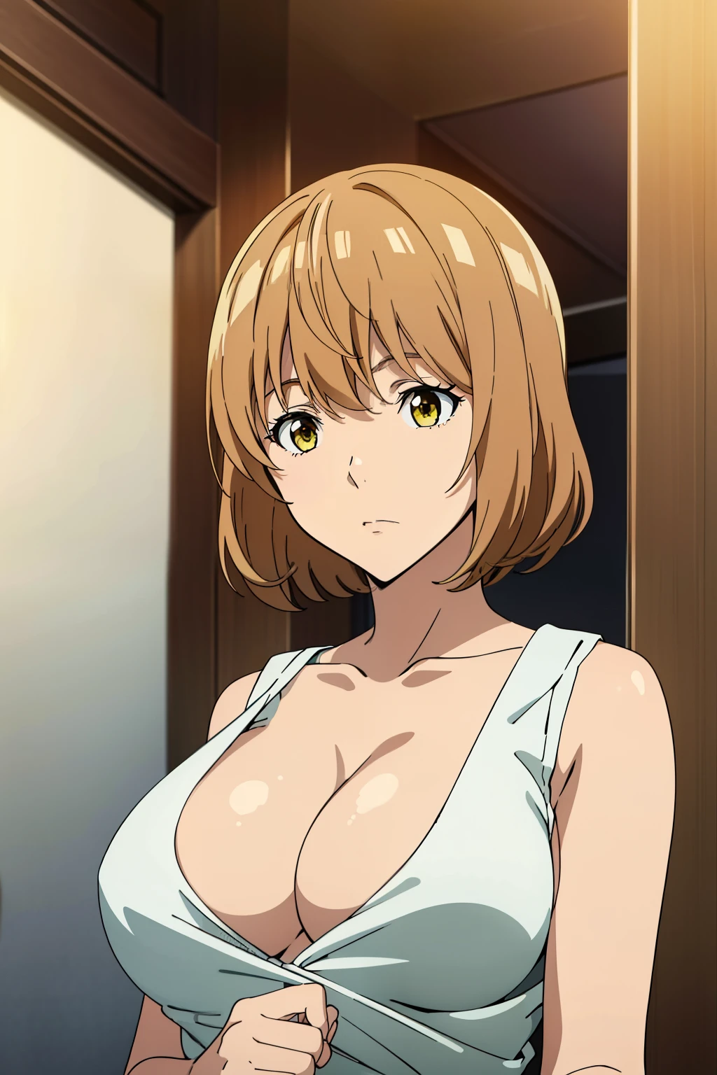 (Best Quality, masutepiece, High resolution, anime screen cap, anime colours), Brown hair, Yellow eyes, Yuriko Aoki, Embarrassed look:1.3, (large full breasts:1.5), (Thin fabric, White tank top:1.8, no-bra:1.5), Slimed, Lower your arms, squeezing breasts:1.5, Upper body, Bedrooms, (Perfect Anatomy, perfect detailed body, Eyes and hair in beautiful detail, Beautiful breasts and skin),