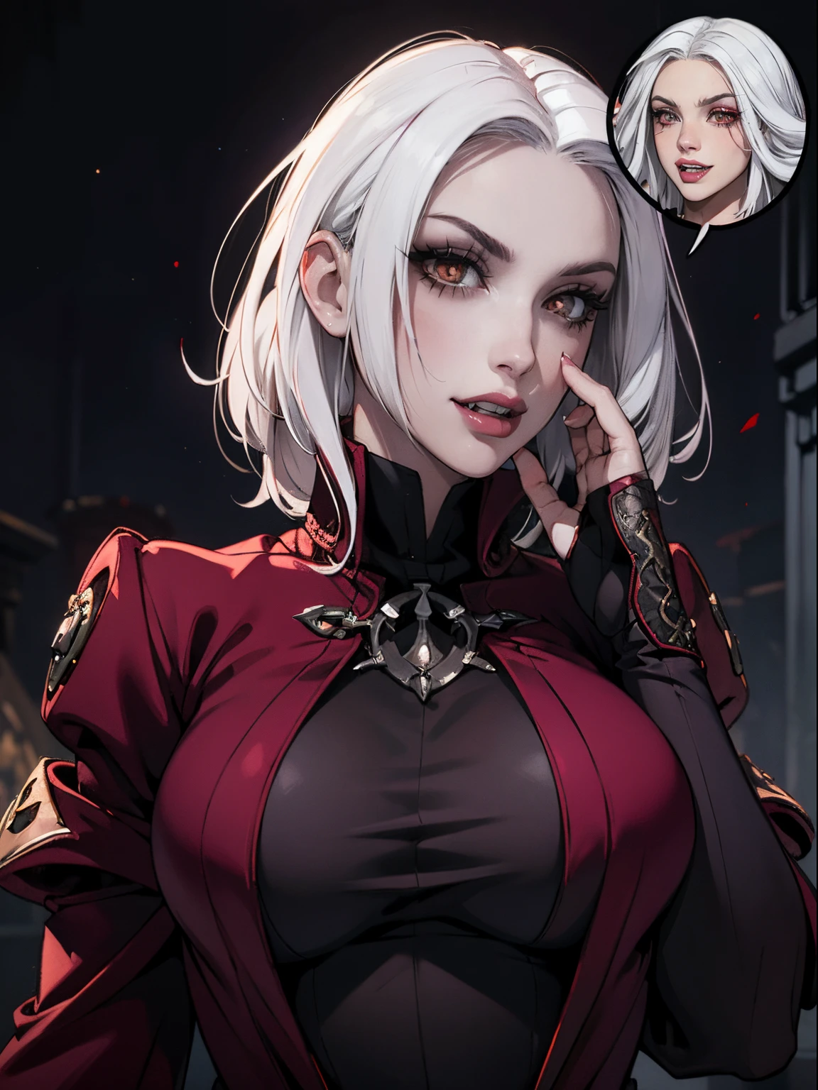 High vampire female, goth Renaissance, white hair, intricate, white glowing eyes, fantastical, vampire, fangs, hyper detailed, 32k resolution, volumetric lighting, hyper detailed, intricately detailed, Unreal Engine 5, volumetric lighting