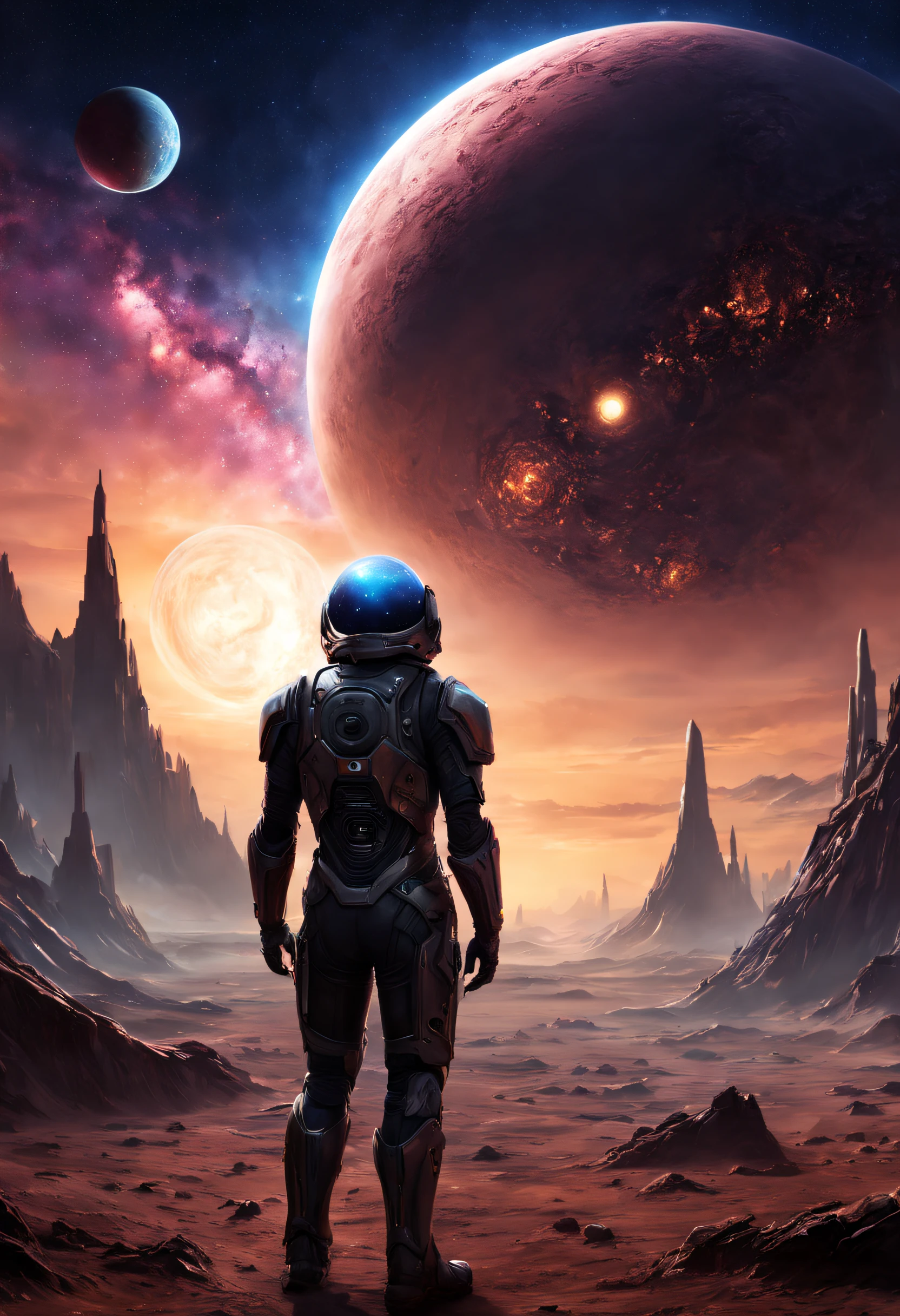 A real and futuristic biomechanical extraterrestrial reveals an inhospital planet.. C'It is three detailed and textured. On voit la galaxie et un magnifique coucher de soleil