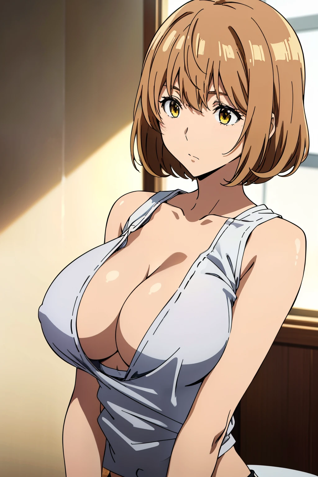 (Best Quality, masutepiece, High resolution, anime screen cap, anime colours), Brown hair, Yellow eyes, Yuriko Aoki, Embarrassed look:1.3, (large full breasts:1.5), (Thin fabric, White tank top:1.8, no-bra:1.5), Slimed, Lower your arms, squeezing breasts:1.5, leaning forward, Upper body, Bedrooms, (Perfect Anatomy, perfect detailed body, Eyes and hair in beautiful detail, Beautiful breasts and skin),