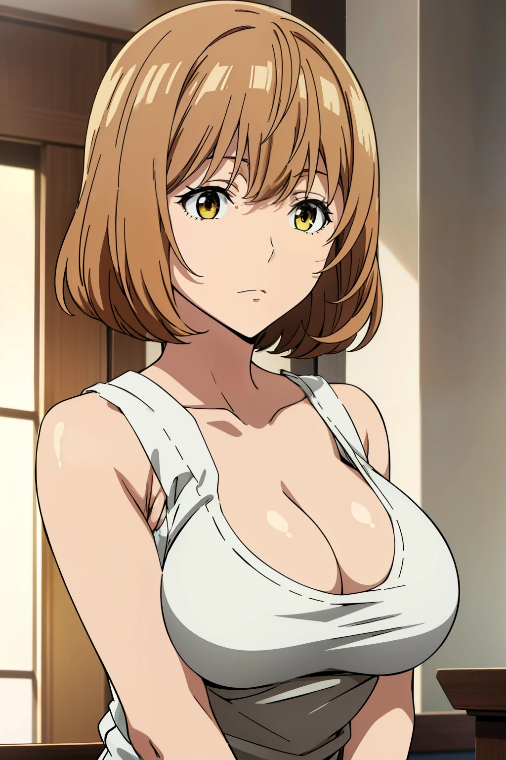 (Best Quality, masutepiece, High resolution, anime screen cap, anime colours), Brown hair, Yellow eyes, Yuriko Aoki, Embarrassed look:1.3, (large full breasts:1.5), (Thin fabric, White tank top:1.8, no-bra:1.5), Slimed, Lower your arms, squeezing breasts:1.5, Leaning forward, Upper body, Bedrooms, (Perfect Anatomy, perfect detailed body, Eyes and hair in beautiful detail, Beautiful breasts and skin),