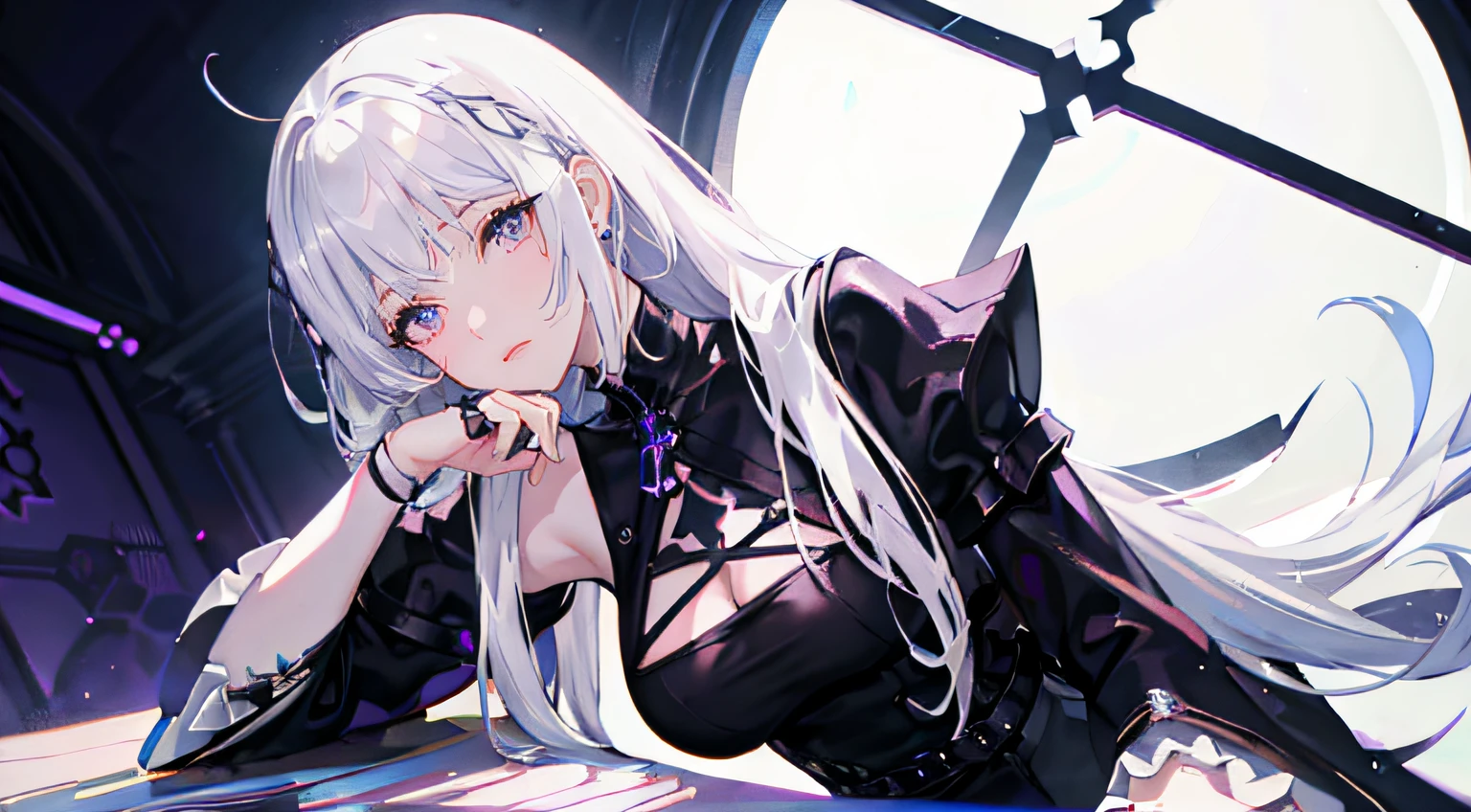 photographi photo of an an Au'ra girl with white hair and a black outfit, purple eyes, school outfit, captured on canon eos r 6 (((dutch angle)))