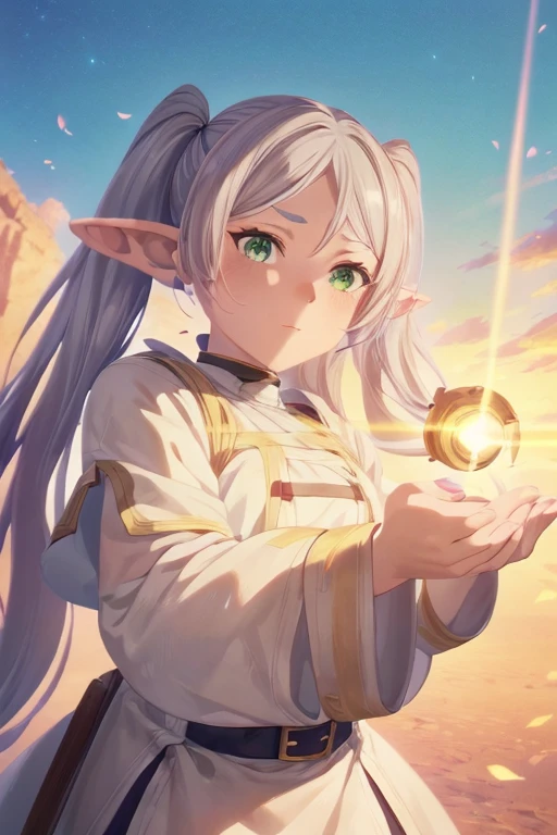 An elf girl,Twin tails with gray hair、White robes and skirts、Black tights、Brown boots,Green eyes,Parted bangs,Thick eyebrows,Beautiful Finger,Beautiful character design, Official art,Highly detailed CG Unity 8K wallpaper, Perfect Lighting,Colorful, Bright_front_Face_Lighting,Shiny skin, (masutepiece:1.0),(best_quality:1.0), 超A high resolution,4K,Ultra-detailed, Photography, 8K, nffsw, hight resolution, Lens Flare, (Beautiful_Face:1.5),(narrow_waist), hight resolution,masutepiece,Best Quality, Holding a magician's wand in his hand、Medieval cityscape