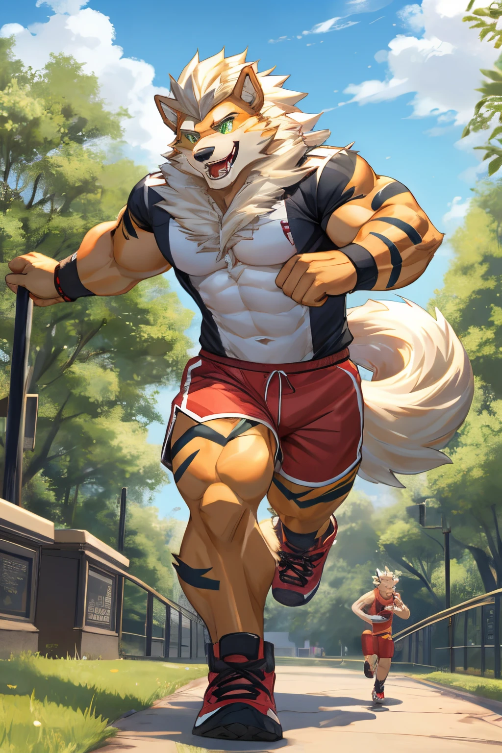 A hulking arcanine with green eyes is smiling and wagging his tail while wearing red shorts is running through the park