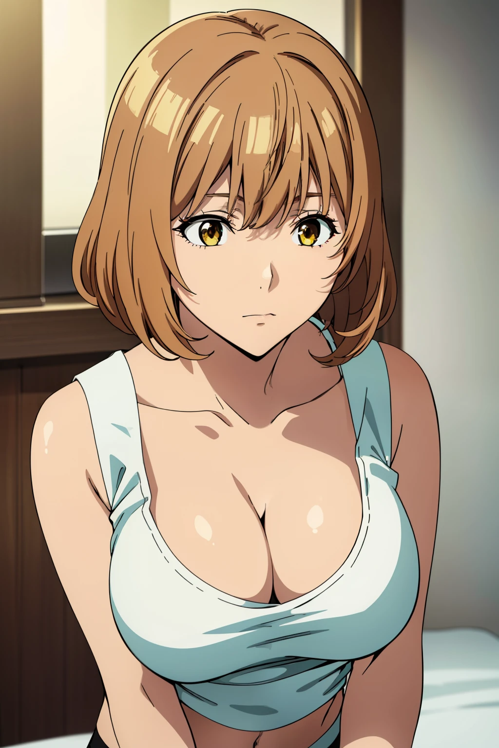 (Best Quality, masutepiece, High resolution, anime screen cap, anime colours), Brown hair, Yellow eyes, Yuriko Aoki, Embarrassed look:1.3, (large full breasts:1.5), (Thin fabric, White tank top:1.8, no-bra:1.5), Slimed, Lower your arms, squeezing breasts:1.5, Leaning forward, Upper body, Bedrooms, (Perfect Anatomy, perfect detailed body, Eyes and hair in beautiful detail, Beautiful breasts and skin),