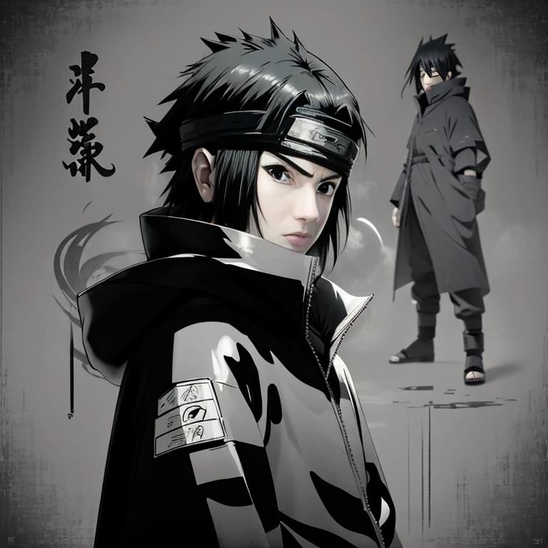 Make the image of Sasuke Uchiha how is it in the manga, image, in black and white and black jacket