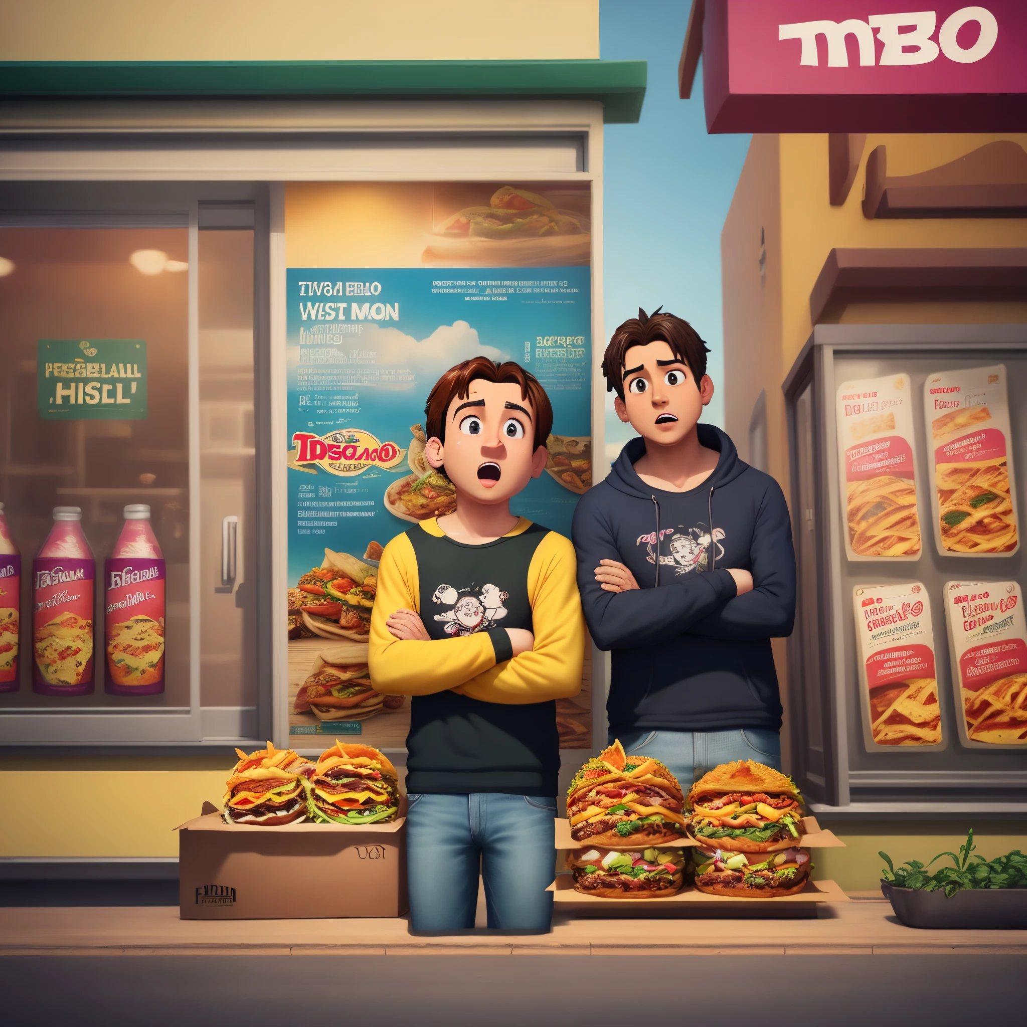 a disney pixar movie poster titled “TACOBELL" in the image I want Mexican people in front of a tacobell waiting for tacos