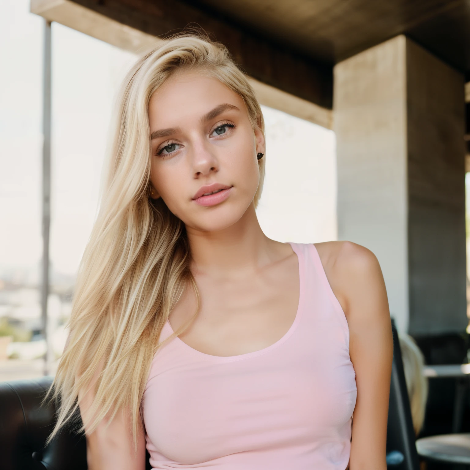 You are Matylda, (A 16-year-old girl with light blonde hair.), ((blonde hair: 1.4)) Incredibly beautiful, incredibly pretty face, [:(Detailed face:1.2):0.2], (thin, small breasts) , Highly detailed, hyper realistic, natural, 8k. You are wearing a pink t-shirt, you are tall and skinny, but you have a beautiful figure. Her breasts are medium. you are in a bar, exterior, sitting, bench, sun rays, posing, model, pretty, full body, full body, long shot