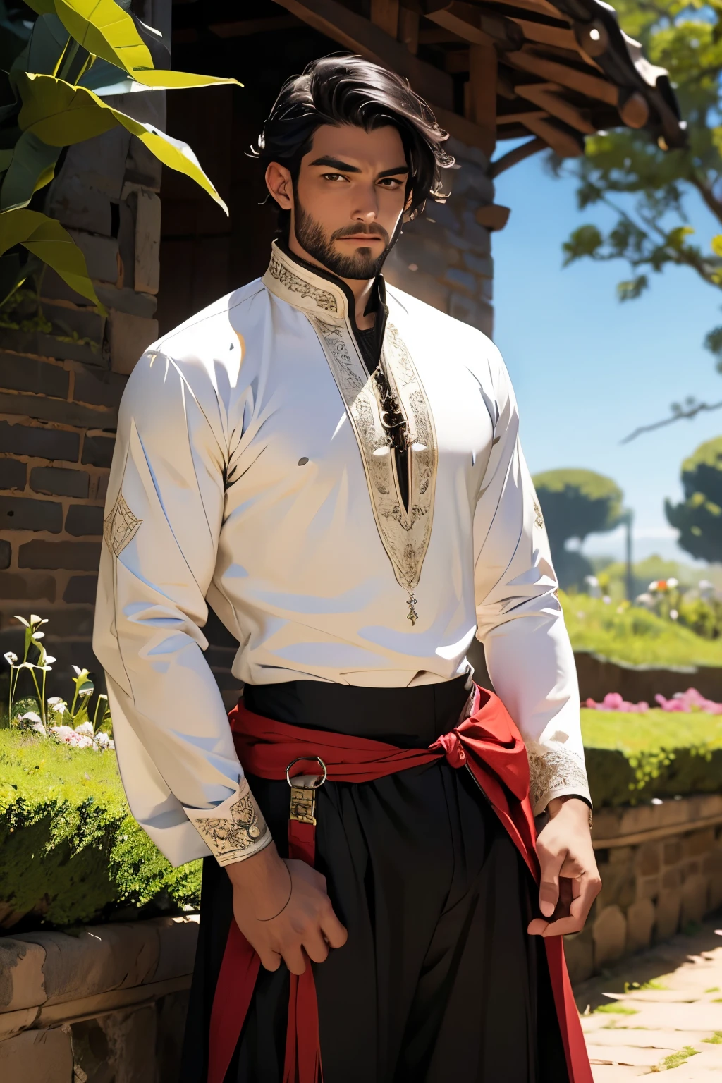 homem, cavaleiro errante, medieval blouse and pants, espada, jardim, cabelo preto, barba