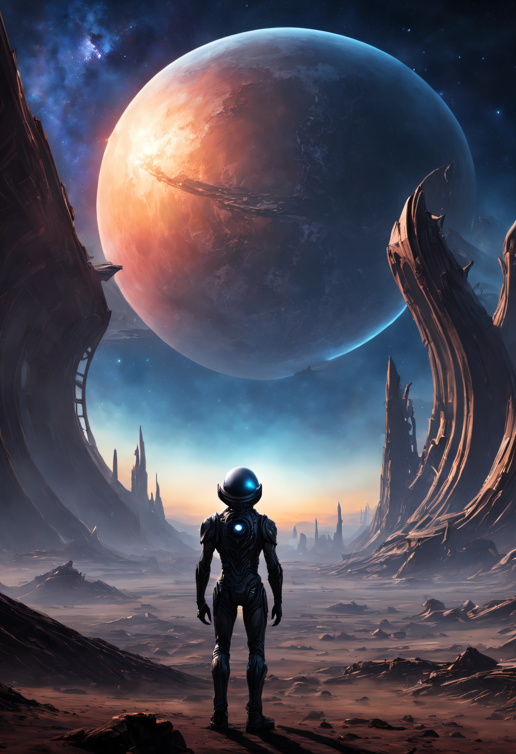 (35mmstyle:1.2), Highly detailed RAW color Photo, Rear Angle, Full Body, of (female space marine, wearing white and red space suit, futuristic helmet, tined face shield, rebreather, accentuated booty), outdoors, (standing on Precipice of tall rocky mountain, looking out at magical lush green rain forest on alien planet), vivid detail, (exotic alien planet), toned body, big butt, (sci-fi), (mountains:1.1), (lush green vegetation), (two moons in sky:0.8), (highly detailed, hyperdetailed, intricate), (lens flare:0.7), (bloom:0.7), particle effects, raytracing, cinematic lighting, shallow depth of field, photographed on a Sony a9 II, 35mm wide angle lens, sharp focus, cinematic film still from Gravity 2013, viewed from behind, dynamic angle