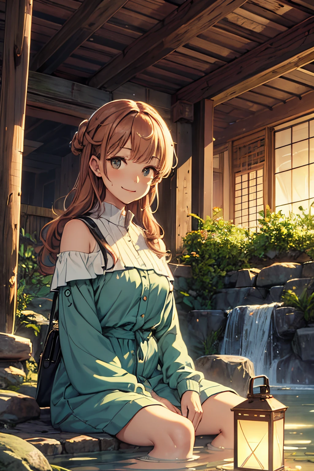 Sitting on the edge of the hot springs.
    expression be one of delight and relaxation, with a playful smile
Not wearing anything .
   a serene hot springs environment with natural elements such as rocks, foliage, and gently steaming waters. The presence of lanterns.
   the presence of steam and mist rising from the hot springs. 
   a warm and soft lighting scheme.
   signature tangerine hair, cascading down her shoulders, slightly damp. Emphasize her beautiful eyes and playful expression.  refreshing drink
   Decorative plants or blooming flowers