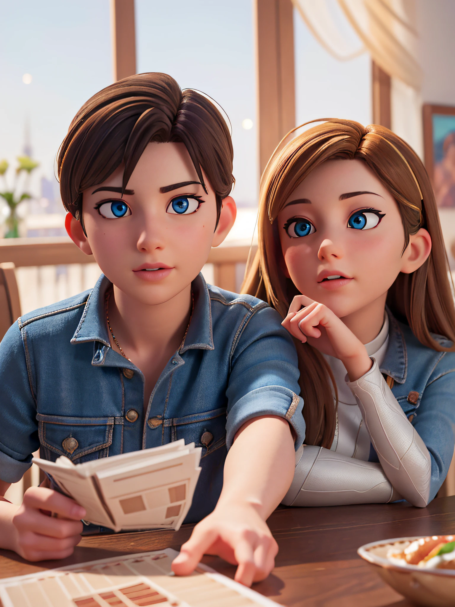 (RAW Photo, Best Quality), (Realistic: 1.3), Highly Detailed, Masterpiece, Hyperdetail, Illustration, 1 man and 1 woman, couple, close up, HDR (High Dynamic Range), Ray Tracing, NVIDIA RTX, Super-Resolution, Unreal 5, Subsurface Scattering, PBR Textures, Post-processing, Anisotropic Filtering, Depth of Field, Maximum Sharpness and Clarity, Multi-layer Textures, Albedo and Highlight Maps, Surface Shading, Precise simulation of light-material interactions, perfect proportions, Octane Render, bi-color light, large aperture, low ISO, white balance, rule of thirds, 8K RAW, finger detailing, refined facial features, focus on the face, ((no extra limbs)), Dynamic Angle, World Mastery Theater, Best Quality, Extremely Detailed CG Unified 8k Wallpaper, Breathtaking, Cinematic Light, lens_flare, beautiful Eyes, couple pose, foods on table