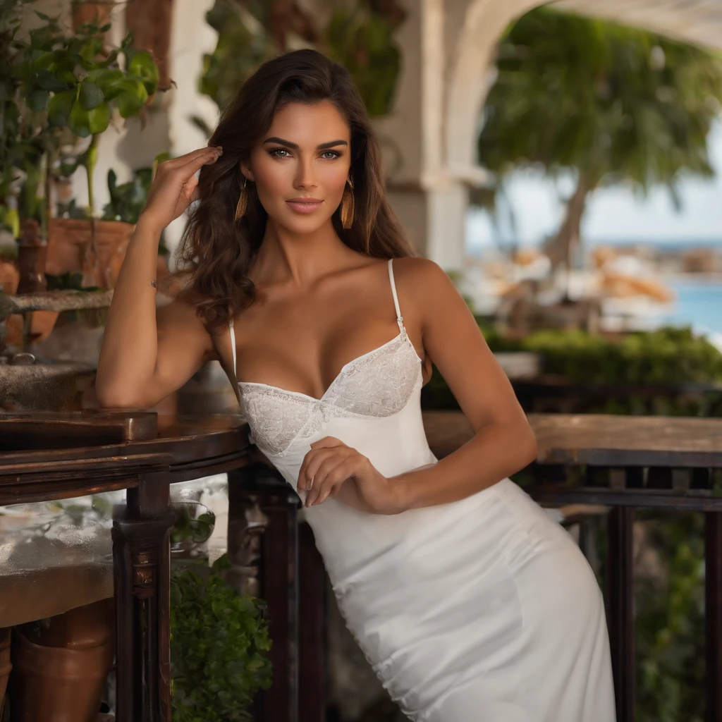 22 Year old beautiful spanish woman, solo, tanned, brunette, nice boobs, perfect body, in a ibiza restaurant, night time, wearing a sexy dress, perfect beautiful body, tanned, realistic, instagram picture, normal picture, (Masterpiece), Best quality, High resolution, Extremely detailed, realistic background, lighting realistic, natural lighting, realistic body, realistic skin, profondeur de champ, lighting cinematic, comme madison beer, showing off perfect bum, very sexy,