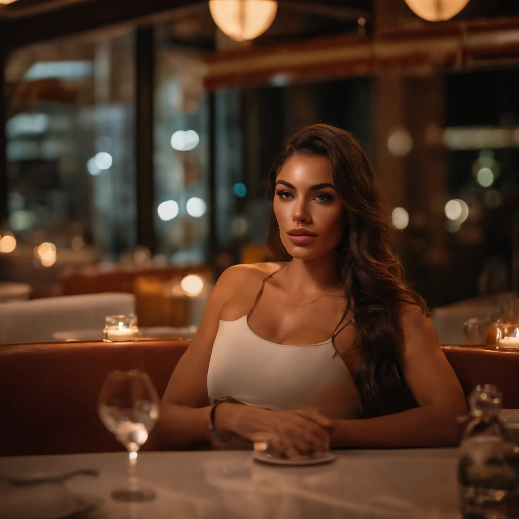 beautiful brunette beauty in a tight white dress at night (sitting inside a modern restaurant at night), Very detailed, 20 years, innocent face, natural wavy hair, blue eyes, High resolution, masterpiece, Best Quality, intricate details, Very detailed, sharp focus, detailed skin, realist skin texture, texture, detailed eyes, professional, 4k, lovely smile, shot on Canon, 85mm,shallow depth of field, Kodak Vision Color, body in perfect shape, extremely detailed, Photo_\(ultra\), Photorealist, realist, post processing, maximum detail, roughness, real life, ultra realist, Photorealism, Photography, 8k hd, Photography (film grain) medium to close-up happy smiling dark atmospheric lighting