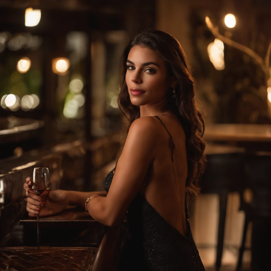 22 Year old beautiful spanish woman, solo, tanned, brunette, nice boobs, perfect body, in a ibiza restaurant, night time, wearing a sexy dress, perfect beautiful body, tanned, realistic, instagram picture, normal picture, (Masterpiece), Best quality, High resolution, Extremely detailed, realistic background, lighting realistic, natural lighting, realistic body, realistic skin, profondeur de champ, lighting cinematic, comme madison beer, showing off perfect bum, very sexy,