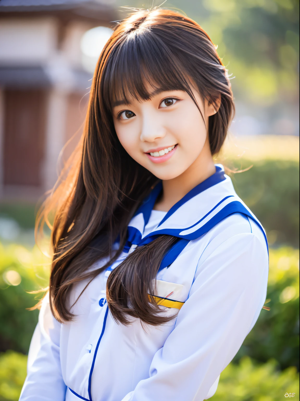 Ultra high-definition images,Full body high resolution image of an Asian woman,, Transcendent beauty,hi-school girl,top and bottom of white uniform,Smile and turn to me, Realistic style,Full-body high-definition images, Realistic photography style,  Portrait of beautiful schoolgirl, realism style, Beautiful woman in uniform, Photographed in front of the Tower of the Sun， high quality picture,fullbody image,, Beautiful Art Style