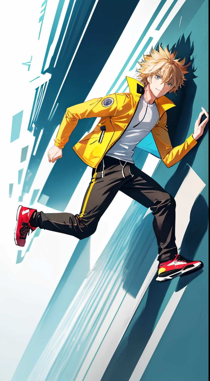 a man running left to right, male character, running pose, dynamic active running pose, running freely, blonde hair, messy hair, black joggers, unzipped yellow coat, windy, autumn, sideview, realistic, best quality, detailed, no background, no blur, view from the side, full body shot, sharp, focused, coat blowing in the breeze, realistic, detailed hands, detailed face, wet clothes, left leg in the back, right leg in front