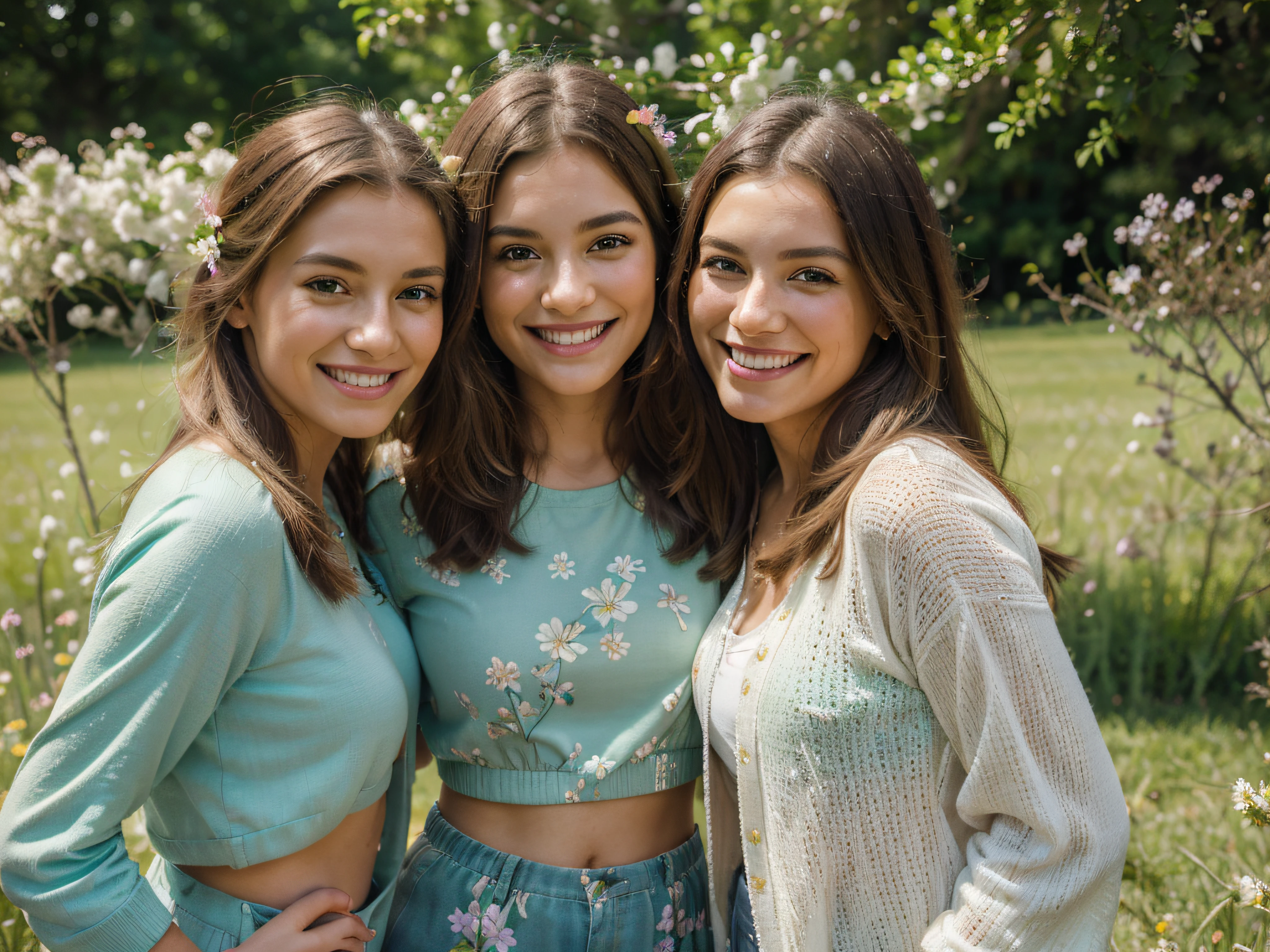 (best quality, highres, ultra-detailed, realistic), (photography, portraits), (vibrant colors), (soft natural lighting), (spring vibes), (green grass, blooming flowers), (smiling faces, joyful expressions), (casual outfits, trendy style), (peaceful atmosphere)
