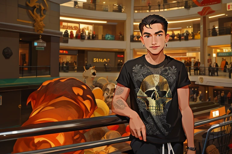 a man wearing a black T-shirt with a skull image is standing in a shopping center, there is a dragon decoration hanging in the back