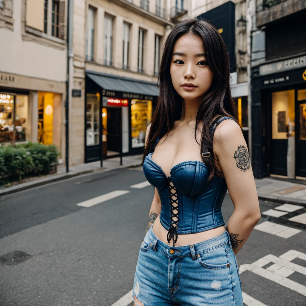Hoyeon Yung, cheveux tressés chattain, tatouage au cou, corset jaune, Mini jean de cour,  rue, monde apocalyptique