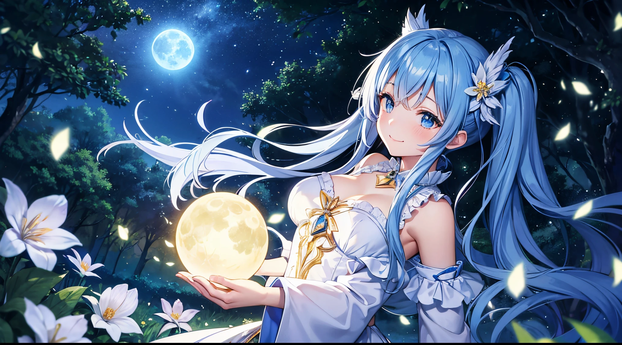 Dynamic Angle、 within a magical forest, a mystical fairy girl emerges, Light blue long hair、Hairstyle is Twintails、adorable smiling、Moonlight twinkle, flower bloom、A big pure white owl is watching over you、The tree々While flapping its wings in the sparkling fireflies, fantastic landscape、A sky full of stars twinkles、 Creating a field where dreams and reality intersect,