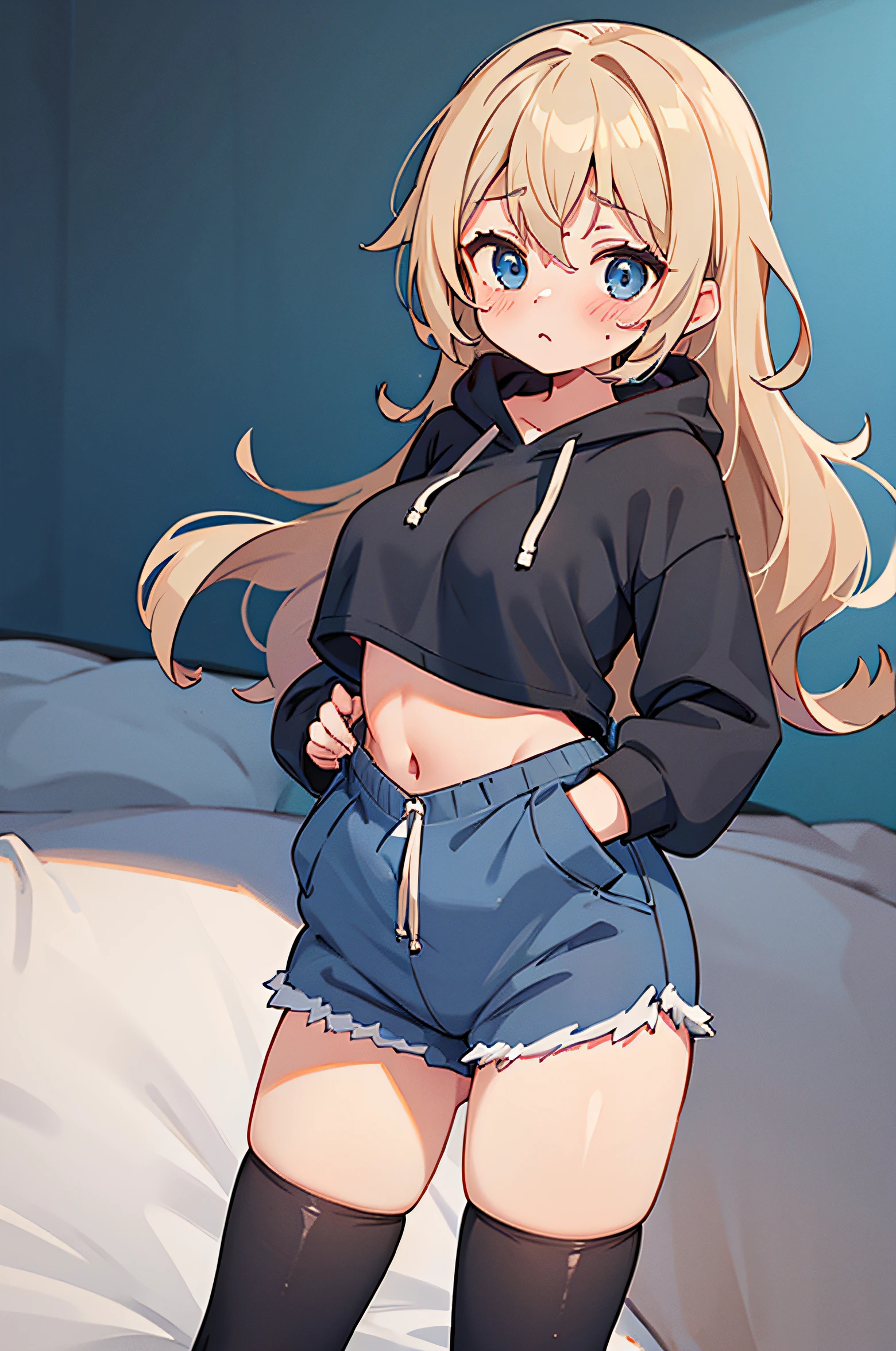 1 girl, wearing dark gray comfy shorts, wearing light gray hoodie, black socks, medium boobs, curly dirty blond hair, blue eyes, blushing.
