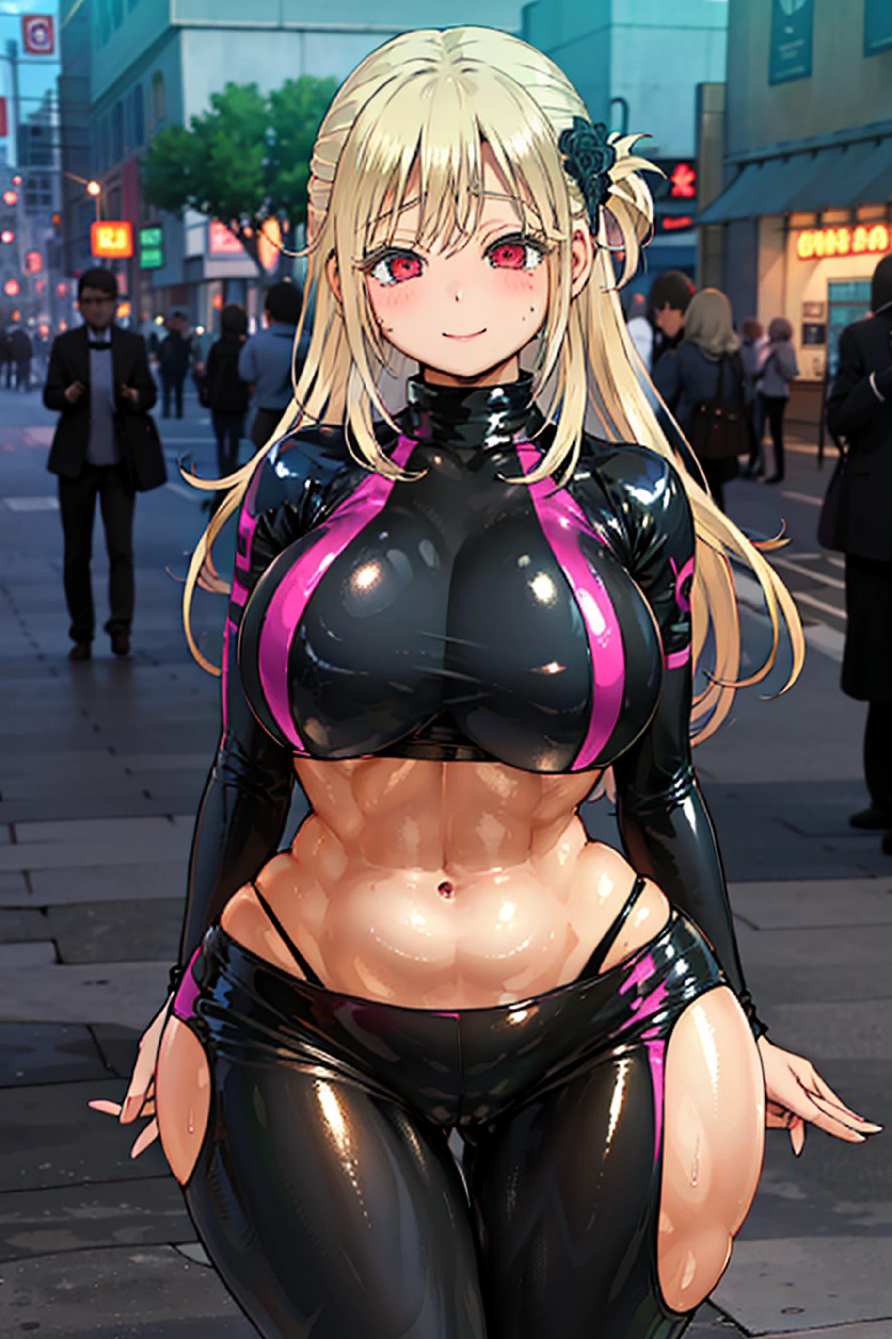 1girl,chubby belly,(masterpiece), best quality, expressive eyes, perfect face,yandere,huge thights,latex pants,goth,blond hair,red eyes,crop top sweater,big breasts,blush,glowing eyes,smile,wide hips,