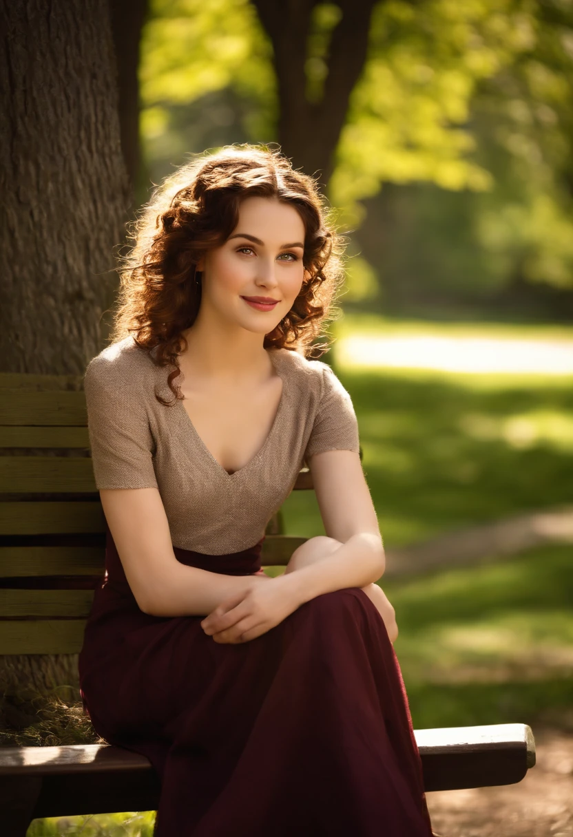 A photo of Bella sitting on a sunny bench in the Forks Community Park, reading 'Wuthering Heights' with a contented smile on her face.,Twilight Saga,Bella is a girl with a heart shaped face. She has pale skin and chocolate brown eyes. Her hair is the same colour as mahogany. , female