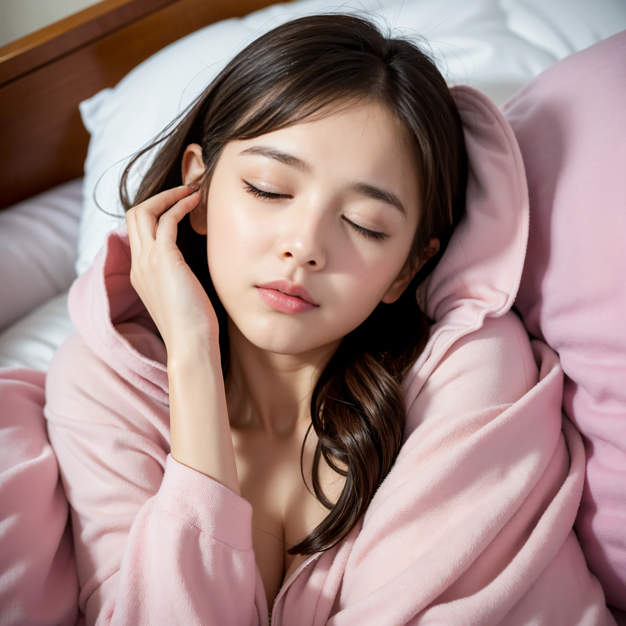 Best-quality, Masterpiece, Ultra-High-Resolution, (Photorealistic:1.4), Raw-Photo, Extremely-Details, Perfect-Anatomy,
1girl, 15-years-old, the most famous Japanese idol, ((((from above, front view, face focus,close-up)))), wearing warm sleeper pajamas with cute design,
sleeping with thick comforter up to her neck in luxurious bed, have got a cold,
extremely cute sleeping face, extremely beautiful long eyelashes, extremely beautiful blushing cheeks, extremely beautiful hair, extremely beautiful skins, extremely beautiful wet lips,
detailed luxurious bed, detailed thick comforter, detailed warm sleeper pajamas with cute design