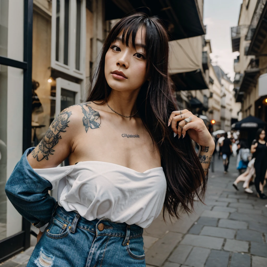 Hoyeon Yung, cheveux tressés chattain, tatouage au cou, débardeur jaunes court, Mini-jean de cour,  rue, monde apocalyptique