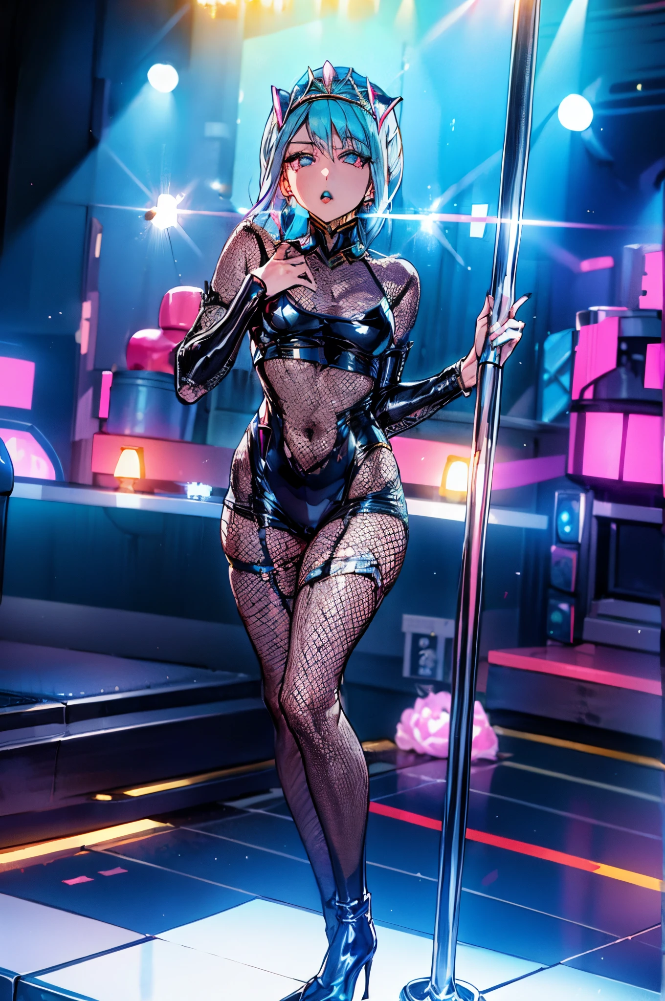 beautiful detailed eyes,beautiful detailed lips,extremely detailed eyes and face,blue rose,evil costume,Full body fishnet stockings,hypnosis,corruption,ultra-detailed,realistic,portrait,vivid colors, pink lighting.