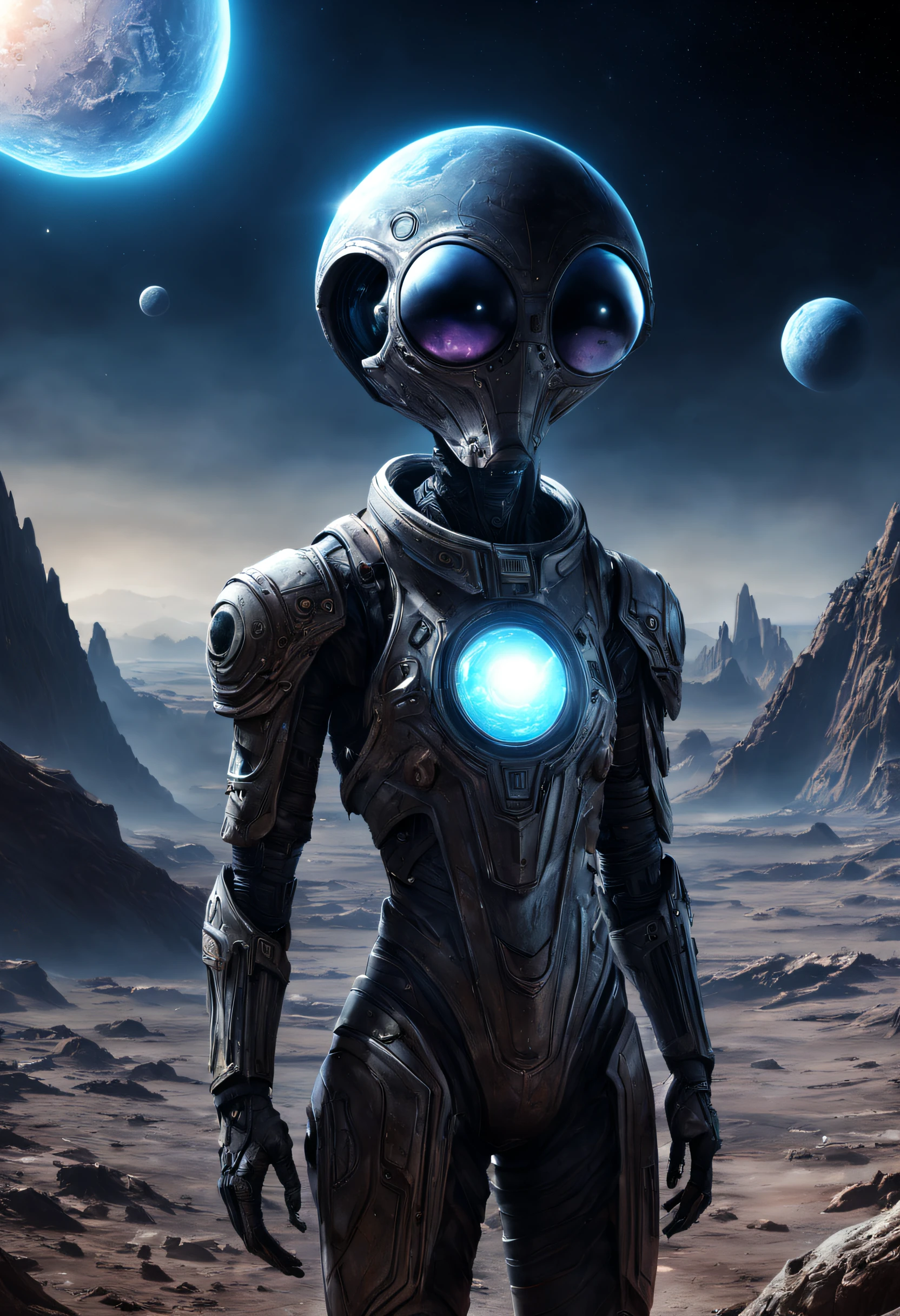Un extraterrestre biomécanique réaliste et futuriste découvre une planète inhospitalière. C'est très détaillé et texturé. On voit la galaxie et une lumière magnifique et texturée