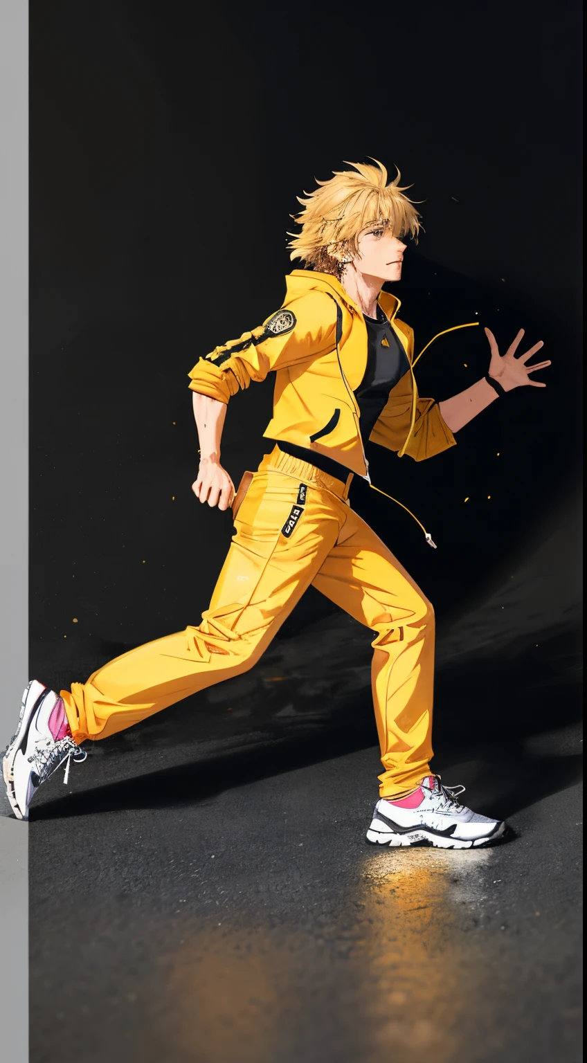 a man running left to right, male character, running pose, dynamic active running pose, running freely, blonde hair, messy hair, black joggers, unzipped yellow coat, windy, autumn, sideview, realistic, best quality, detailed, no background, no blur, view from the side, full body shot, sharp, focused, coat blowing in the breeze, realistic, detailed hands, detailed face, wet clothes, left leg in front, right leg in back