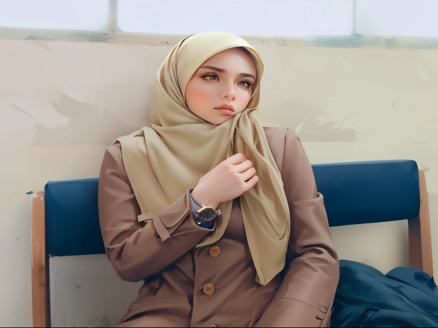 muslim woman in a tan suit and a black watch, hijab, handsome girl, lovely woman, with kind face, attractive girl, with accurate face, beautiful image, her skin is light brown,