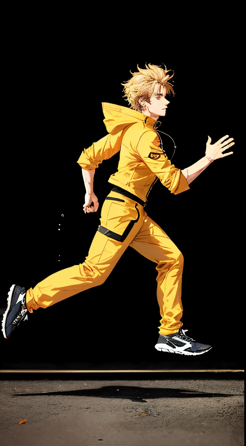a man running left to right, male character, running pose, dynamic active running pose, running freely, blonde hair, messy hair, black joggers, unzipped yellow coat, windy, autumn, sideview, realistic, best quality, detailed, no background, no blur, view from the side, full body shot, sharp, focused, coat blowing in the breeze, realistic, detailed hands, detailed face, wet clothes, left leg in front, right leg in back