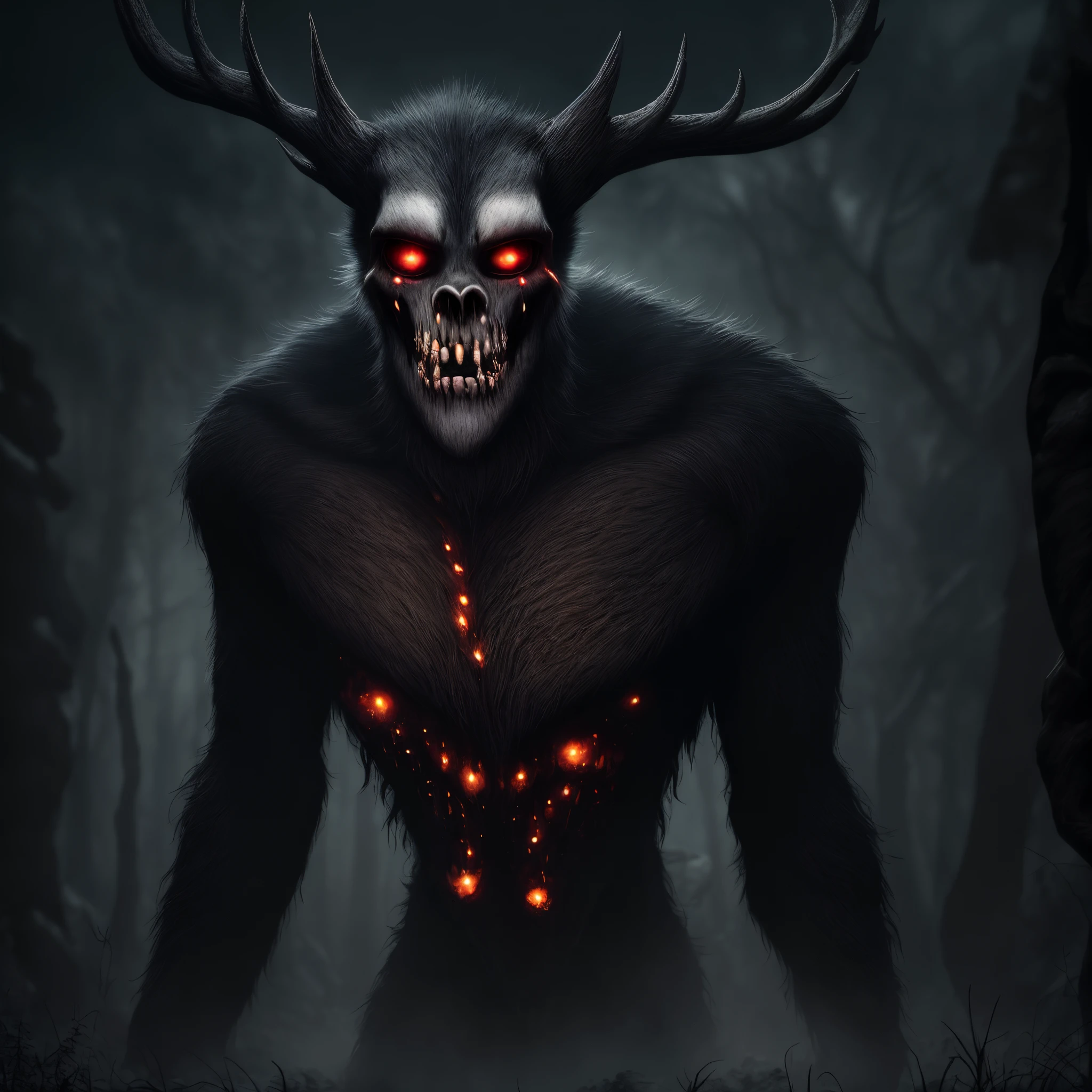 (masterpiece:1.2, best quality:1.2, 2D:1.2, sharp:1.2), (hotify), perfect anatomy, perfect eyes, perfect background, (solo, full body shot), (dusk_environment), (forest), beautiful shadows and lights, volumetric lights, canine skull face, wendigo, open mouth, long tongue, tail, feet, paws, claws, fangs, antlers, bloody fur, bloody hands, bloody mouth, black fur, white eyes, glowing eyes, deep red skin, nsfw, massive ass, massive thighs, massive penis, erection, massive testicles, male,