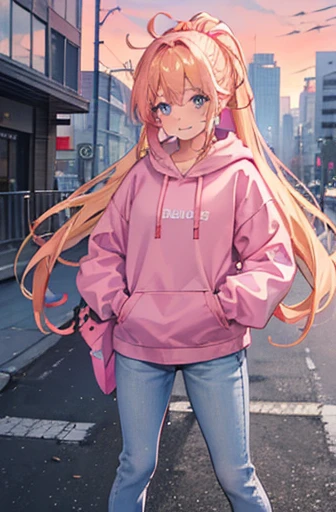 1 girl, long blonde hair tied in a ponytail using pink band, sky blue eyes, wearing pink hoodie, denim pants, city, masterpiece, looking at viewer