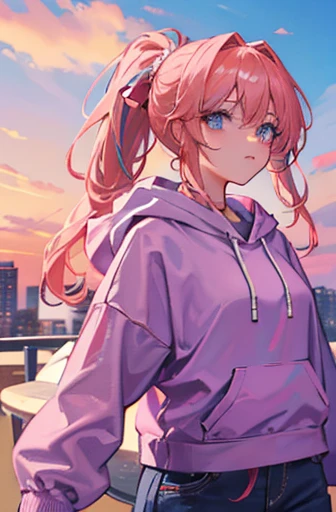 (masterpiece,highest quality,4k:1.3), 1girl, oversized hoodie, purple eyes, (high-quality eyes), no pants, blush, cityscape, smile, sunset, twilight, cloudy, volumetric lighting, balcony, large breasts, hands on hips, <lora:hizuki_higure_art_style:0.9>