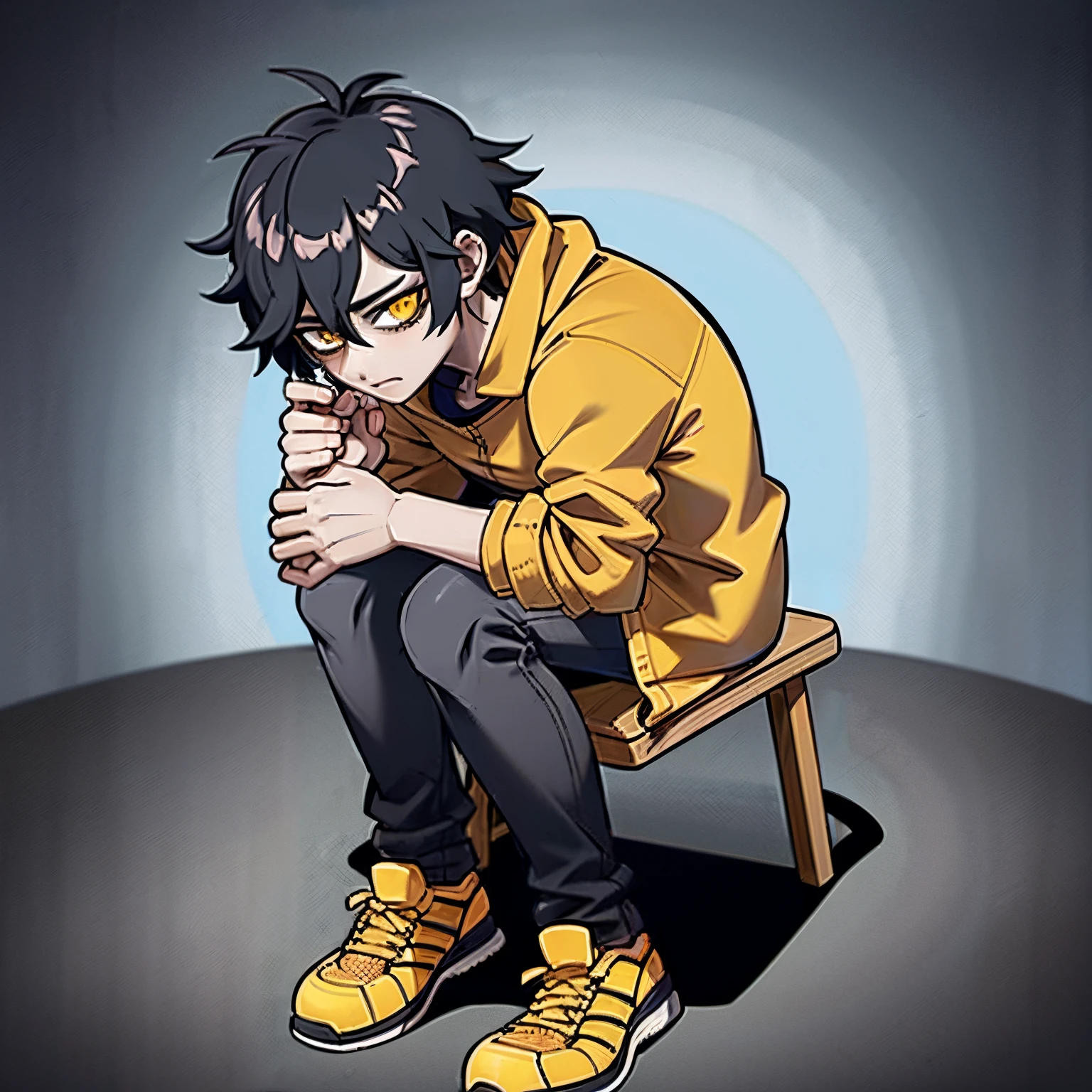 young man, black hair, messy hair, yellow eyes, bored face, dark circles under eyes, sitting on a wooden chair, wearing a dark purple coat, jeans, red sneakers, 4k, masterpiece, best resolution, good anatomy, detailed