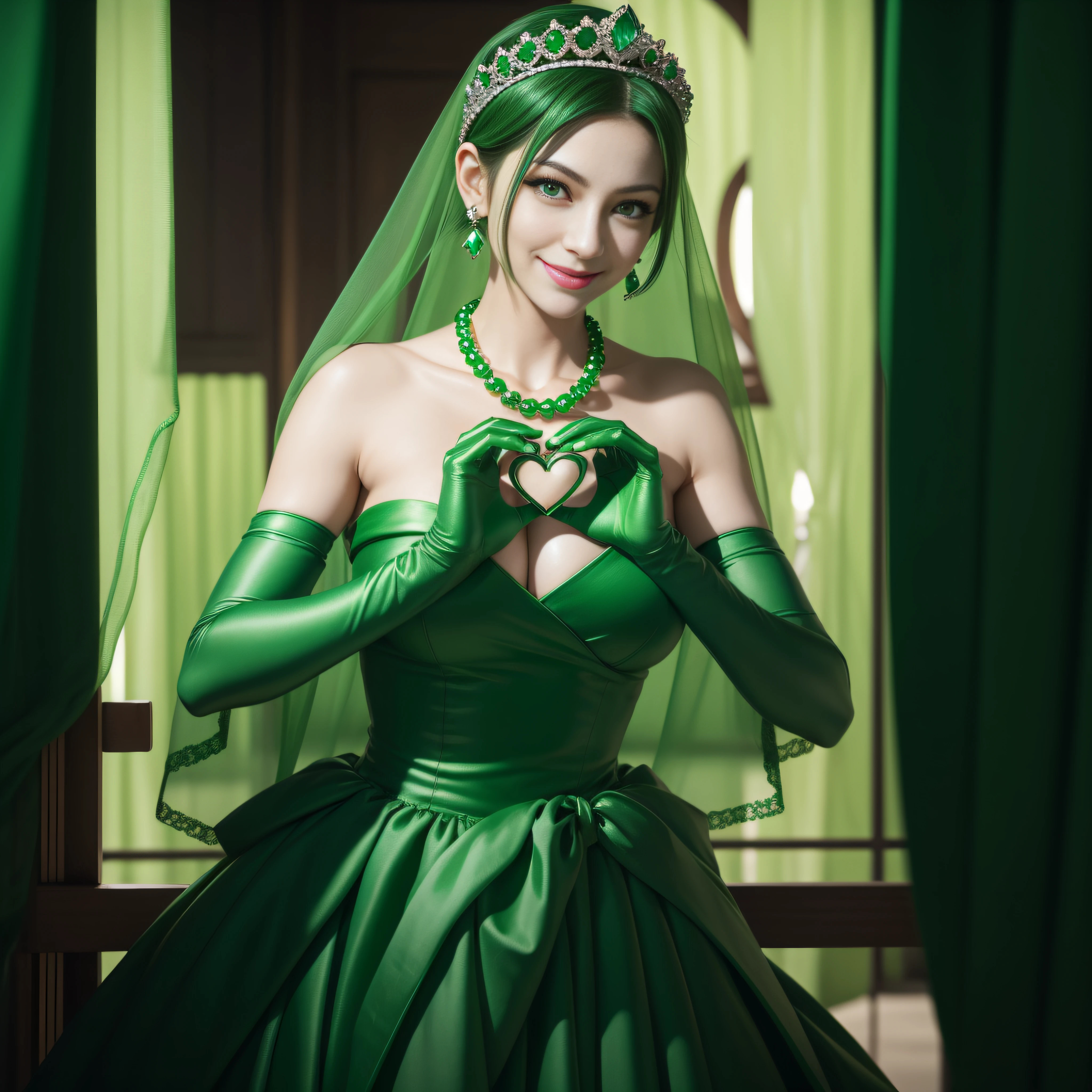 emerald tiara, Green Pearl Necklace, Boyish very short green hair, lipsticks, Japan woman smiling, very short short hair, big breasts beautiful, Green eyes, Long green gloves made of satin material, Green eyes, Emerald Earrings, green vale, Heart with both hands