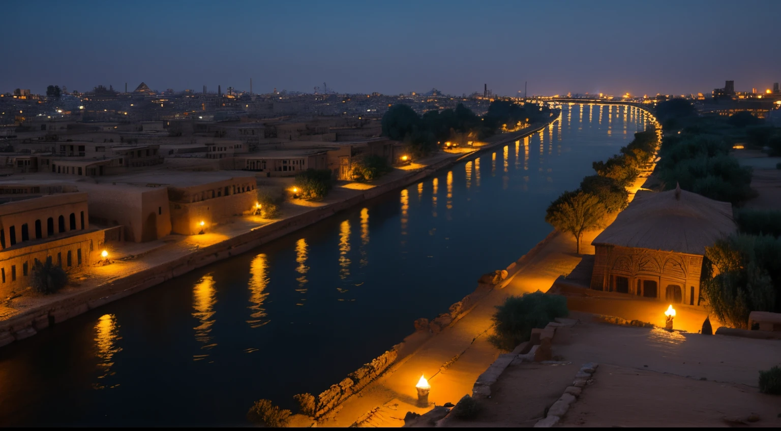 ancient egypt, night, river nile seen from afar