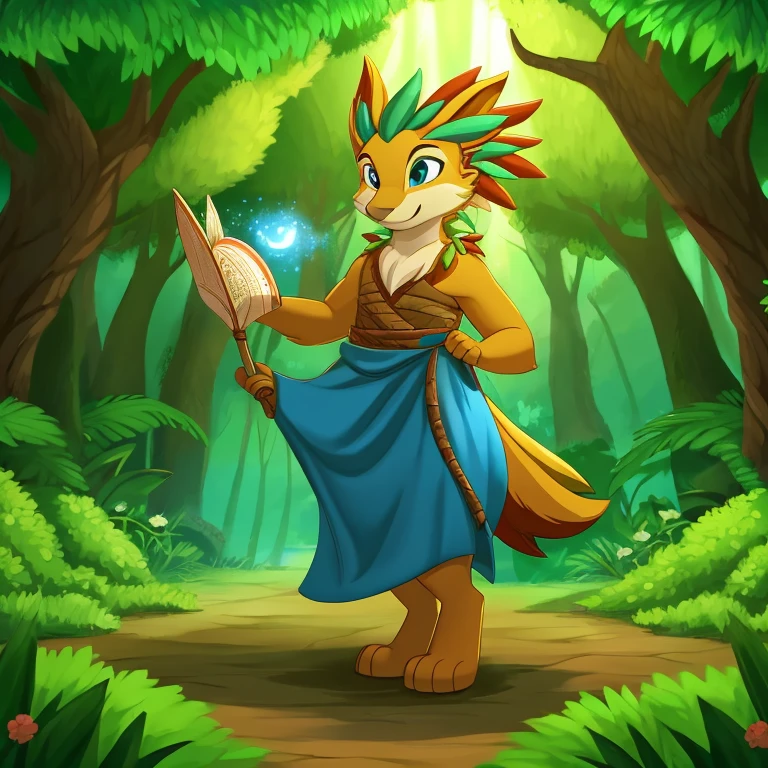"Create a magical character called Anhangá for children&#39;s stories. Anhangá is a mischievous spirit that lives in the forest of Maranhão. He possesses an aura of soft light that reflects his ethereal nature.. Your eyes shine with curiosity and mischief, destacando sua energia brincalhona. Anhangá wears a tunic woven with leaves, moving gracefully among the trees. in her hands, holds a small staff carved with ancient symbols. Your magic is subtle and benevolent, manifesting in enchantments that bring joy and surprise to the forest. He is a wise figure, connected to ancestral wisdom, and their games teach important lessons about friendship and respect for nature. I would like to see an artistic representation of Anhangá incorporating these characteristics."