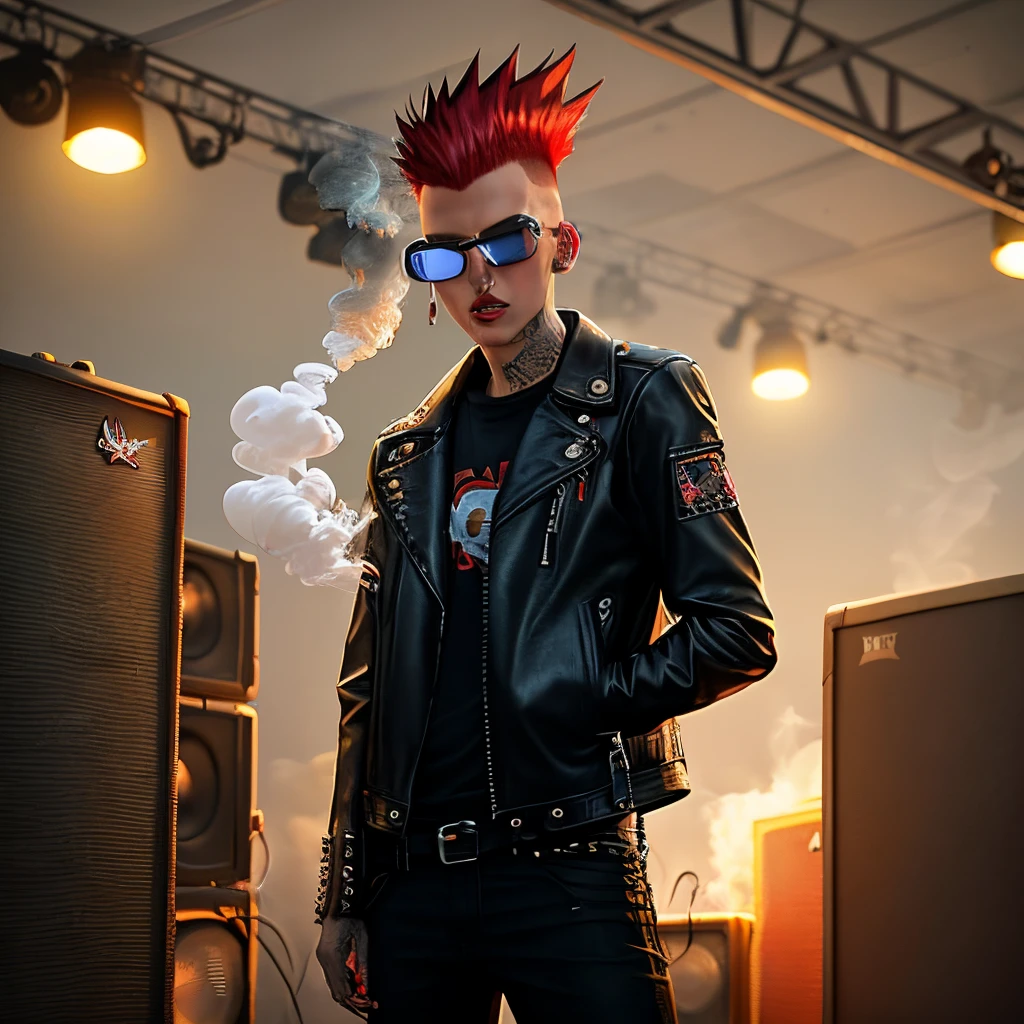 what are you wearing? A black leather jacket and buckle up boots with Red Sox he’s a metal had a punk rock. He has a mohawk in a smoking a cigarette and is standing next to an amplifier.