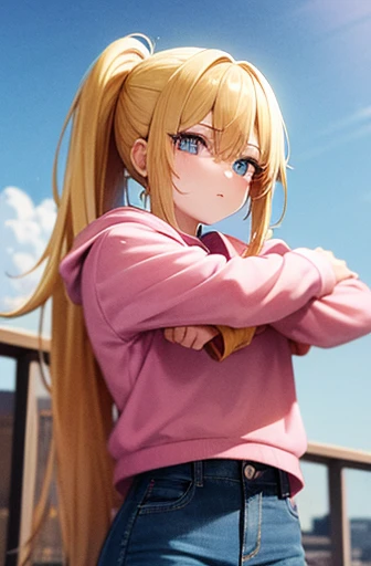 1 girl, long yellow blonde hair tied in a ponytail using pink band, sky blue eyes, wearing pink hoodie, denim pants, city, masterpiece, looking at viewer
